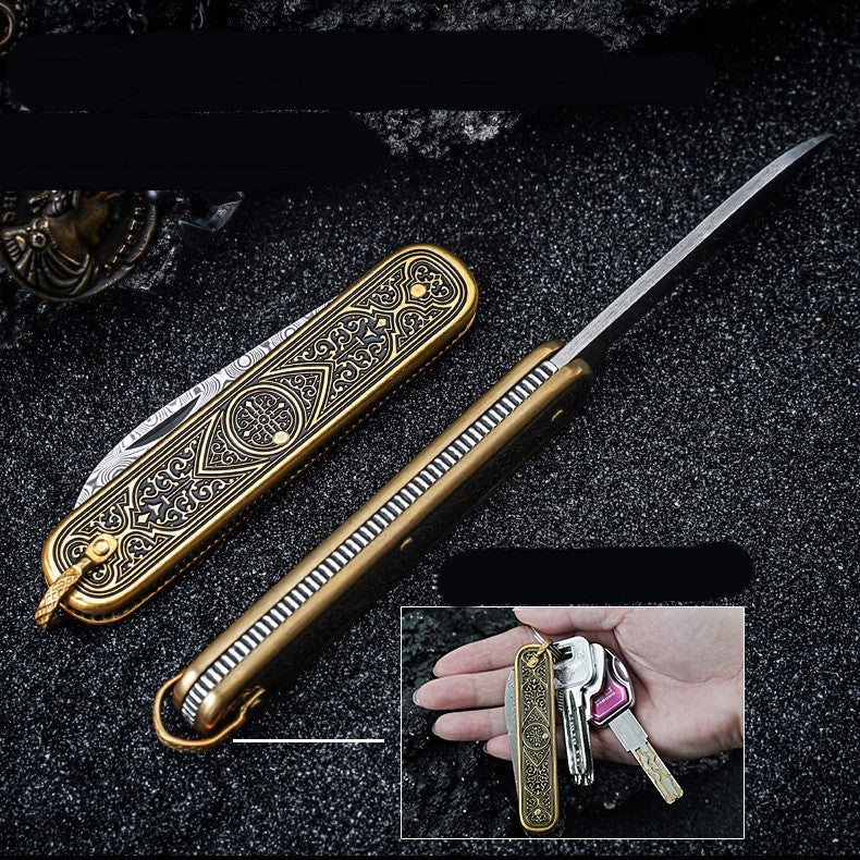 Han Dao Totem Pocket Knife Damascus Steel Rose Pattern Folding Mini Portable Knife