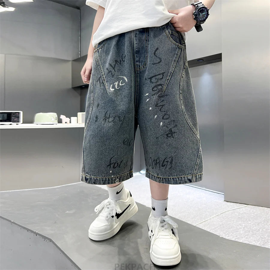 New Summer Kids Children Gray Blue Color Denim Shorts with Drawstrings for Teenage Boys Knee Length Baggy Jeans Capris Pants