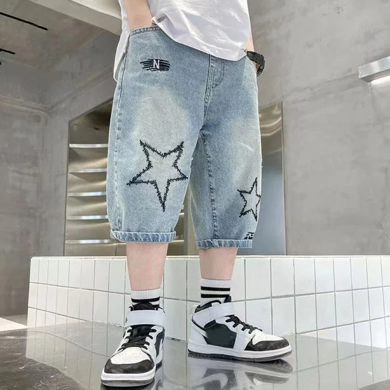 Summer Boys Jeans Shorts Five-pointed Star Print High Waist Ripped Denim Shorts For 5-12 Years Teen Kids Casual Knee Length Pant
