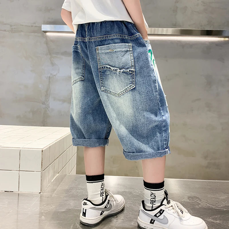 Kids Teenager Slim Denim Shorts For Boys Summer Capris Jeans Teens Children Casual Shorts Bottom Letter Print Mid-Calf Pants