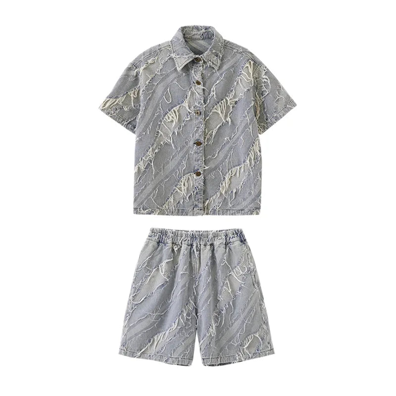 New Hip Hop Street Dance Clothes for Kids Gray Denim Vest Shorts T Shirt Boys Girls Jazz Performance Costume Teens Stage Outfits