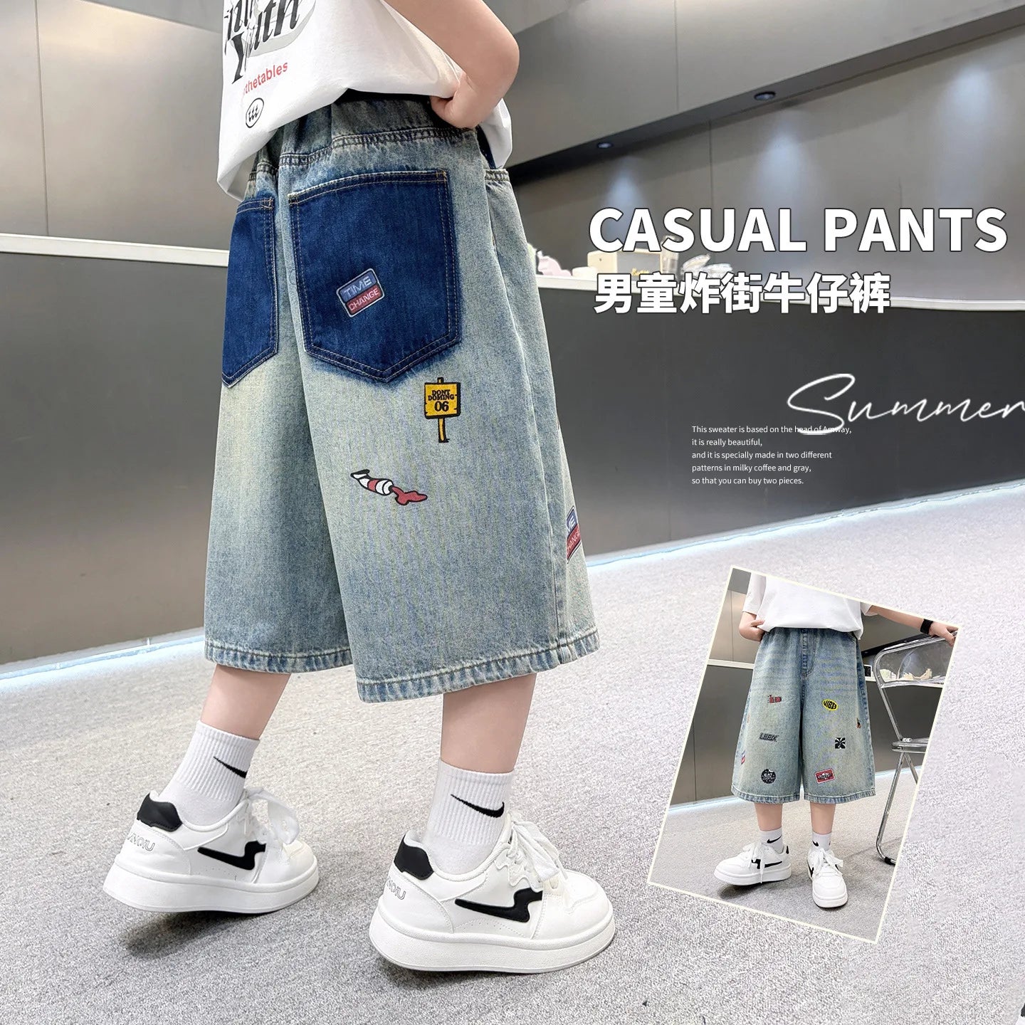 Children Summer Baggy Denim Shorts with Embroidery for Kids Casual Knee Length Shorts With Drawings Teen Boys Streetwear Bottoms