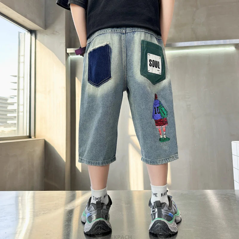 New Kids Designer Summer Capris Shorts For Boys Cartoon Print Denim Shorts Jeans Teens Child Casual Mid-Calf Pants Bottoms 5-14Y
