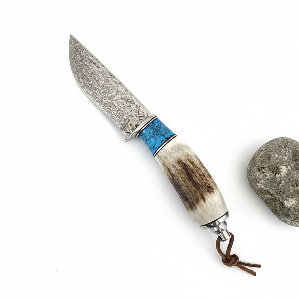 Damascus Steel Straight Knife – Antler & Turquoise Handle Outdoor Knife for Men | Gift Knife