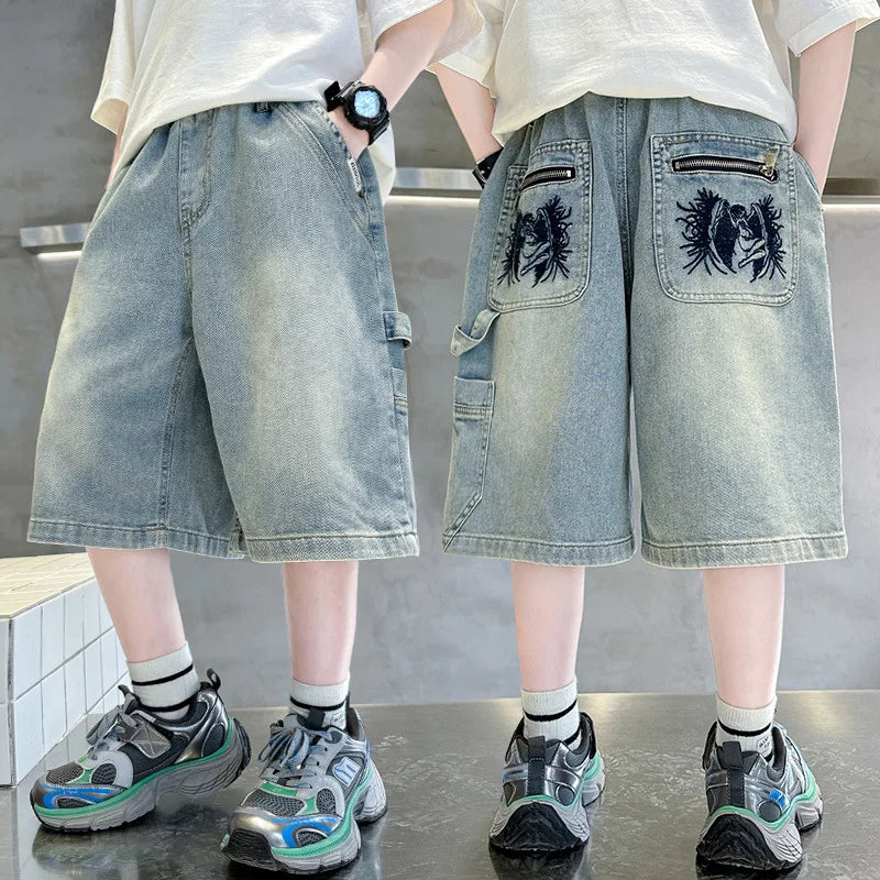 Kids Denim Shorts Teen Boys Casual Knee-Length Jeans Teenage Child Blue Denim With Cartoon Printed Trousers Toddler Ages 4-14Y