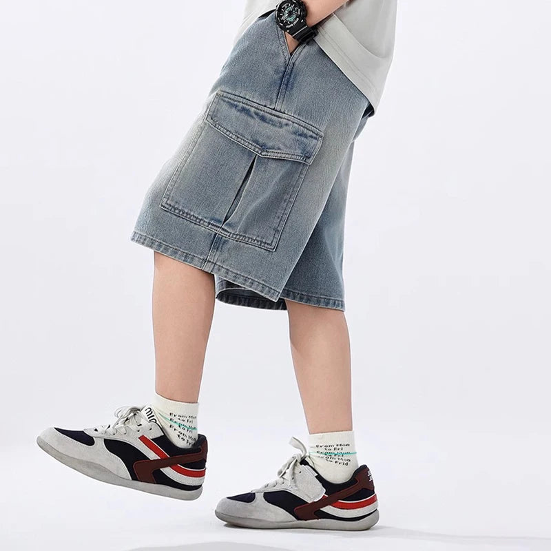 Boys Summer Denim Shorts 4-14 Years Big Pocket Cargo Pants Teen Casual Streetwear Thin Knee-Length Jeans Kids Fashion Sweatpants