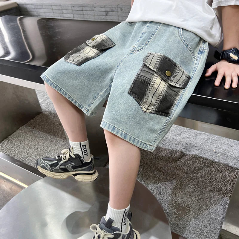 2025 New Kids Child Unique Designer Summer Denim Shorts with Plaid Pocket for Teens Boy Casual Jeans Cargo Shorts 5 7 9 11 13 14