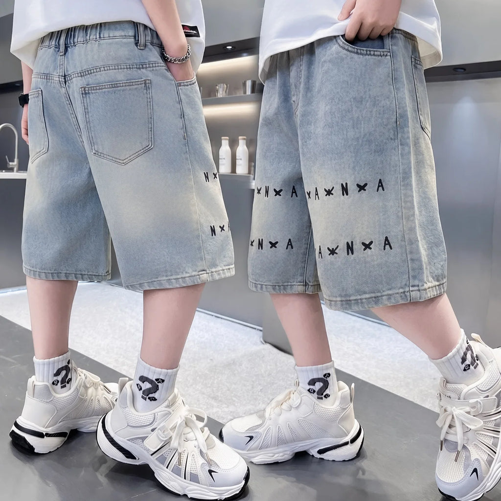 Boys letter Denim Shorts Teen Boys Casual Knee-Length Jeans Teenage Child Blue Denim With Y2K Fashion Style Trousers Ages 5-14Y