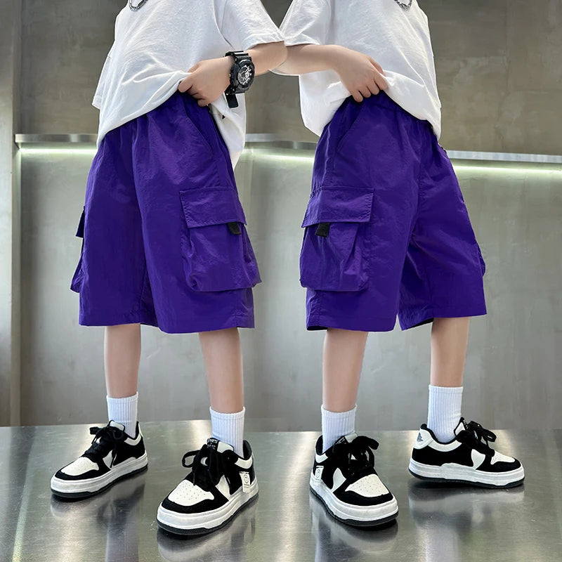 Elegant Kids Black Purple Color Cargo Short with Big Pocket for Teens Boy Casual Short Cargo Pants Tweens Child Summer Bottoms