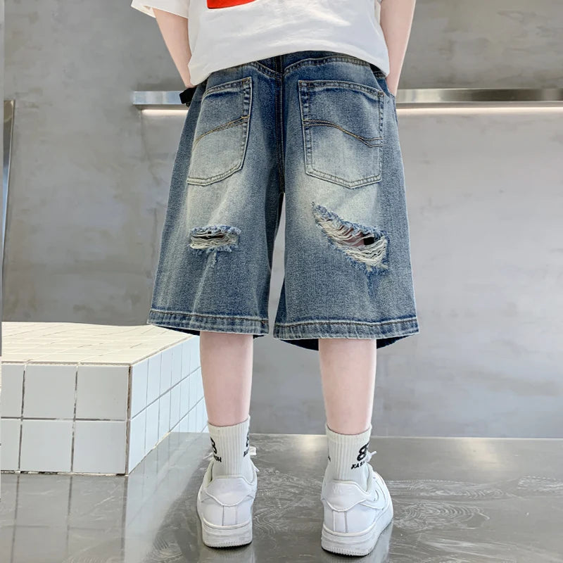 Loose Style Teen Boys Casual Ripped Denim Shorts with Holes Kids Causal Summer Broken Shorts Child Baggy Destroyed Short Jeans