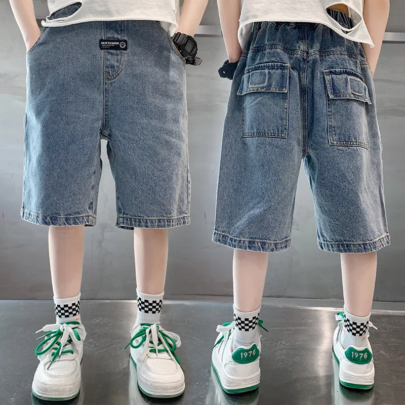 Kids Denim Shorts Teen Boys Casual Knee-Length Jeans Teenage Child Blue Denim With Cartoon Printed Trousers Toddler Ages 4-14Y
