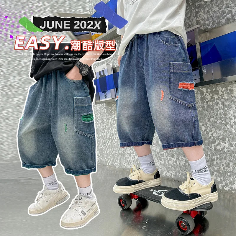 New Summer Teen Boys Shorts Jeans Fashion Ripped Hole Denim Short Pants For 5-14 Years Kids Children Trousers