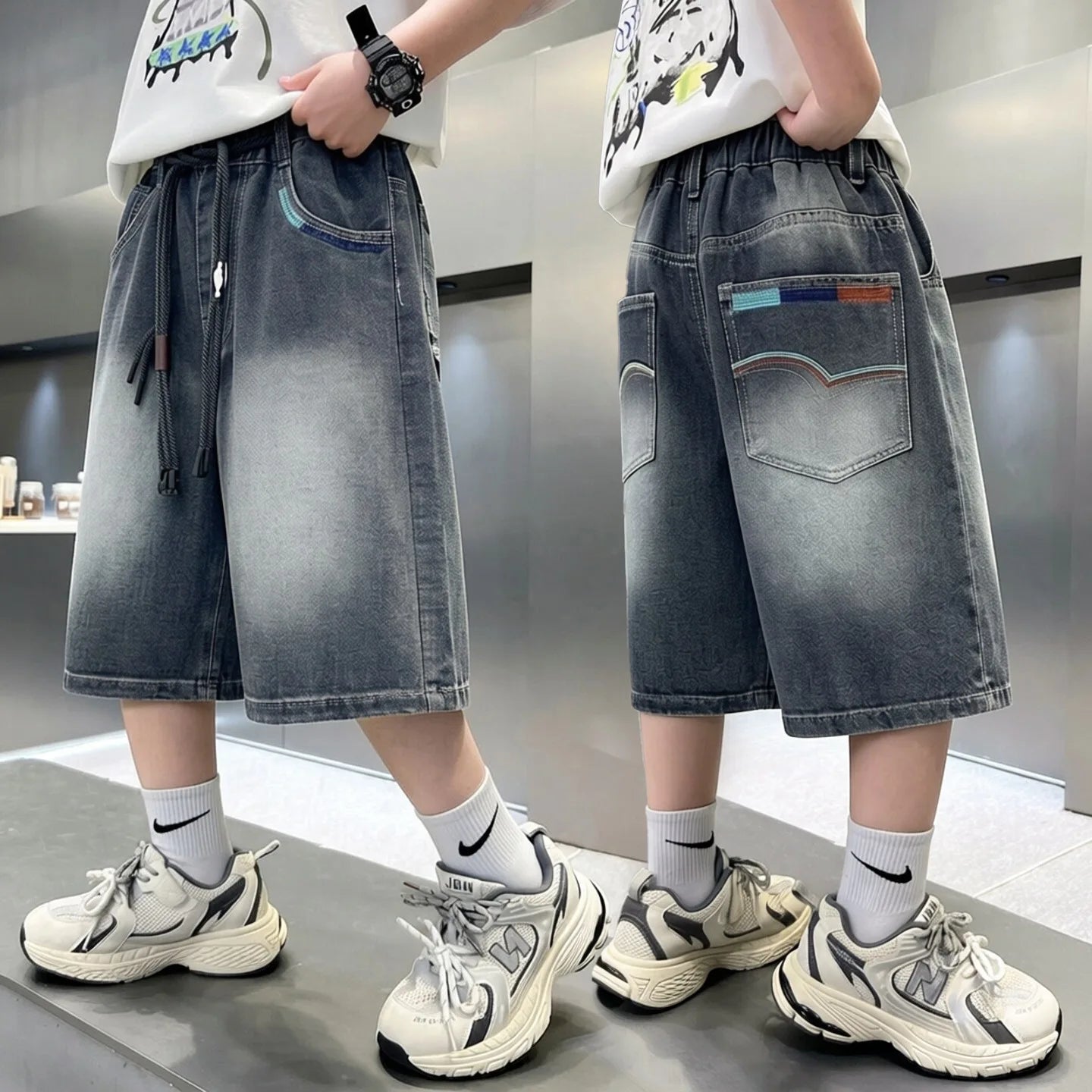 New Summer Boys' Gradient Denim Shorts Teen Childen American Streetwear Brand Short Pants Trendy Kids Casual Knee-Length Jeans