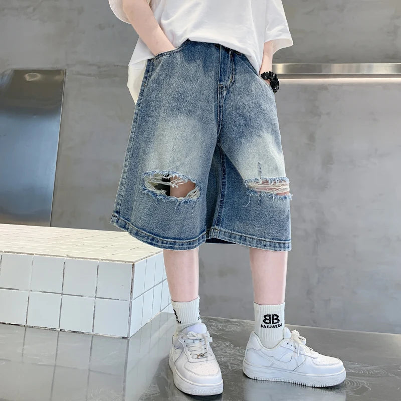 Loose Style Teen Boys Casual Ripped Denim Shorts with Holes Kids Causal Summer Broken Shorts Child Baggy Destroyed Short Jeans