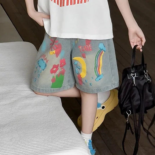 Big Kids Knee-Length Sunflowers printing Denim Shorts with Graffiti  for Teens Girl Fashion Jeans Shorts Summer Capris 5-14Years