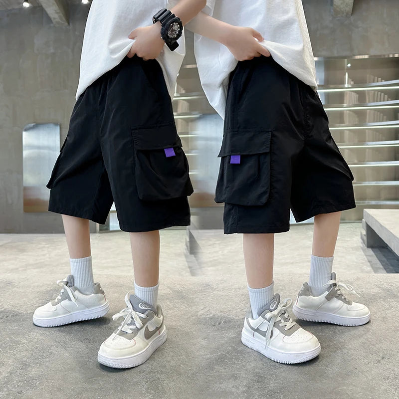 Elegant Kids Black Purple Color Cargo Short with Big Pocket for Teens Boy Casual Short Cargo Pants Tweens Child Summer Bottoms