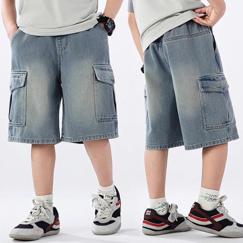 Boys Summer Denim Shorts 4-14 Years Big Pocket Cargo Pants Teen Casual Streetwear Thin Knee-Length Jeans Kids Fashion Sweatpants