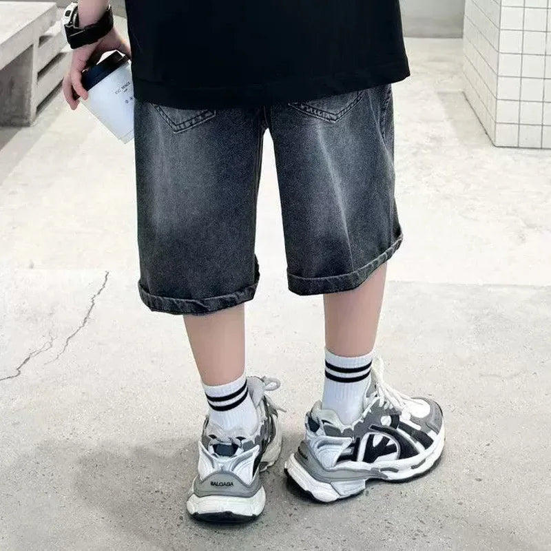 New Summer Style Boys' Gradient Denim Shorts Teen Childen Letter Printed Short Pants Trendy Kids Casual Knee-Length Jeans
