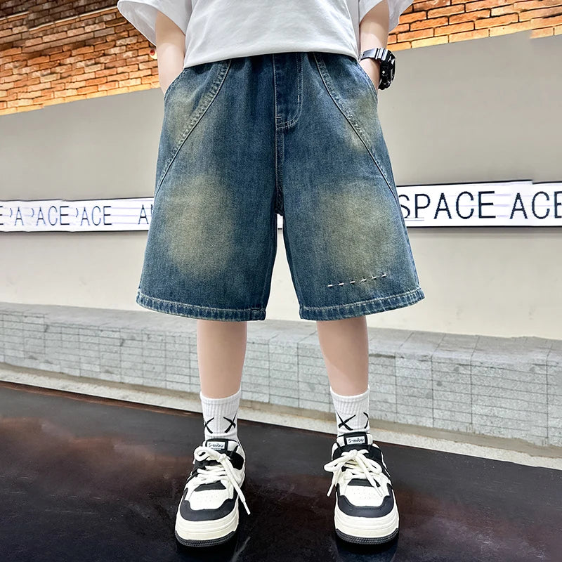 Teenage Child Blue Denim With Y2K Fashion Style Trousers Toddler Ages 4-14Y Boys Denim Shorts Teen Boys Casual Knee-Length Jeans