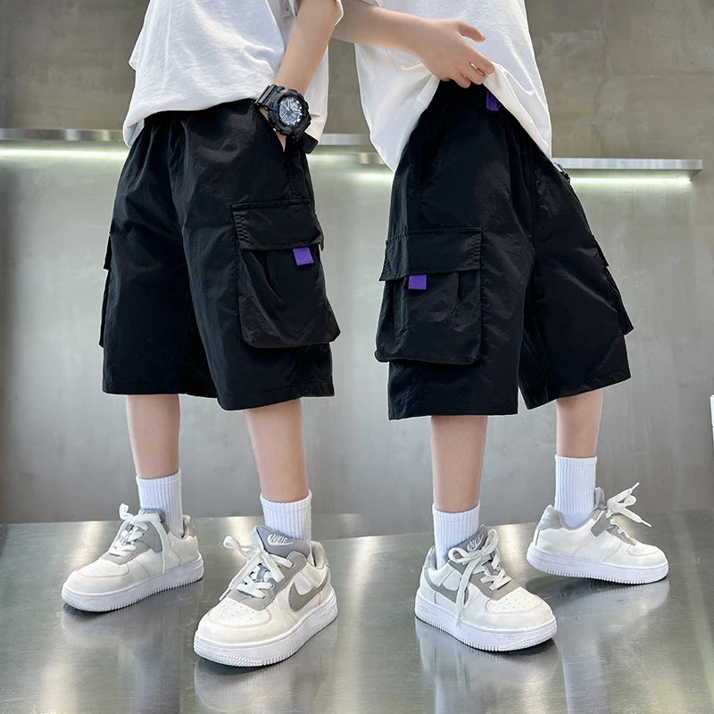 Elegant Kids Black Purple Color Cargo Short with Big Pocket for Teens Boy Casual Short Cargo Pants Tweens Child Summer Bottoms