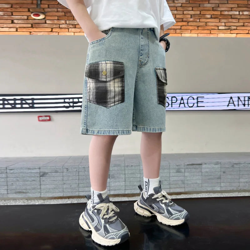 2025 New Kids Child Unique Designer Summer Denim Shorts with Plaid Pocket for Teens Boy Casual Jeans Cargo Shorts 5 7 9 11 13 14