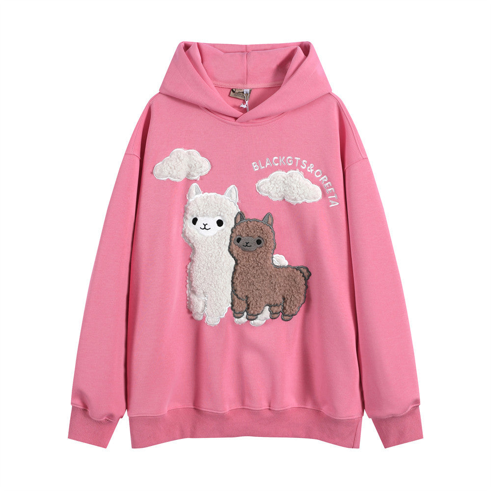 Cartoon Alpaca Embroidered Hooded Sweater For Men