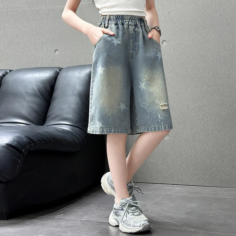 Kids Child Retro Gothic Y2K Knee Length Ripped Denim Shorts With Star Print for Teenage Girl Fashion Casual Mid-Calf Jeans Capri