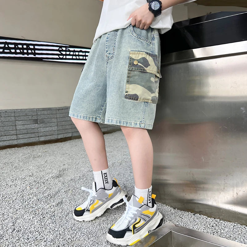 2025 New Summer Kids Child Fashion Jeans Shorts with Camouflage Pocket for Teens Boy Casual Straight Fit Denim Camo Shorts