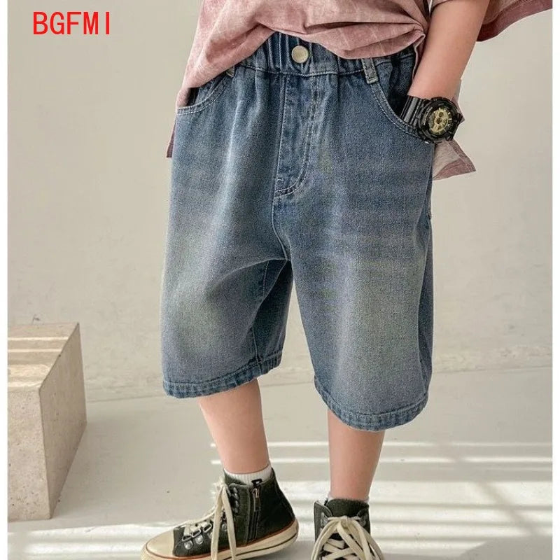 Korean Kids Boy Loose Straight Casual Jeans Shorts Child Blue Denim Shorts 4-14Y Junior Bottoms Summer Clothes for Teen Boys