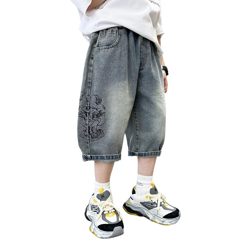Teen Boys Shorts for Kids Summer 2025 Fashion Capri Trousers with Cartoon Print Korean Child Denim Shorts Jeans Age 5-14 Years