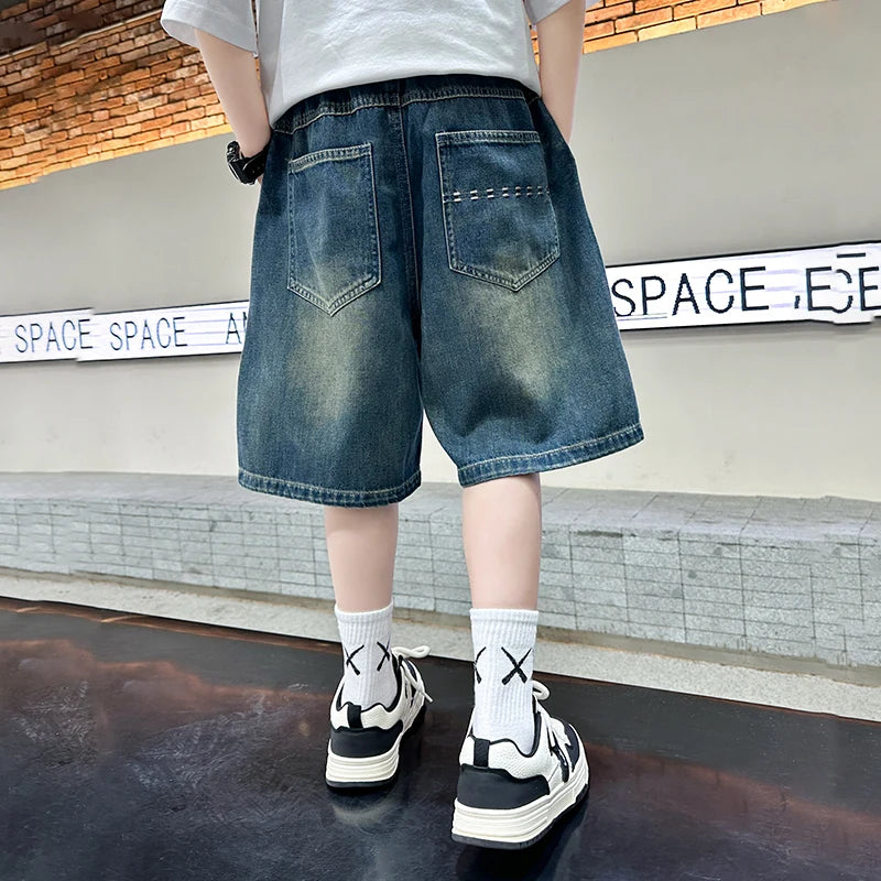 Teenage Child Blue Denim With Y2K Fashion Style Trousers Toddler Ages 4-14Y Boys Denim Shorts Teen Boys Casual Knee-Length Jeans