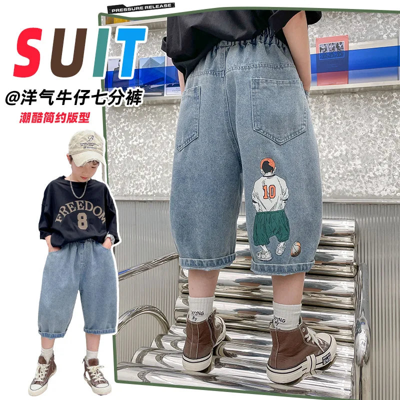 Boys Denim Shorts Summer Tween Children's Loose Teen Five-Quarter Pants High Quality Boys Clothes Short Jeans 5-14 Years