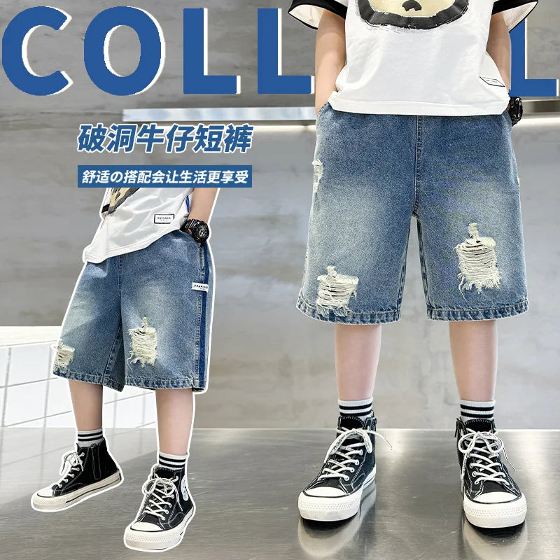 Kids Denim Shorts Teen Boys Casual Knee-Length Jeans Teenage Child Blue Denim With Cartoon Printed Trousers Toddler Ages 4-14Y