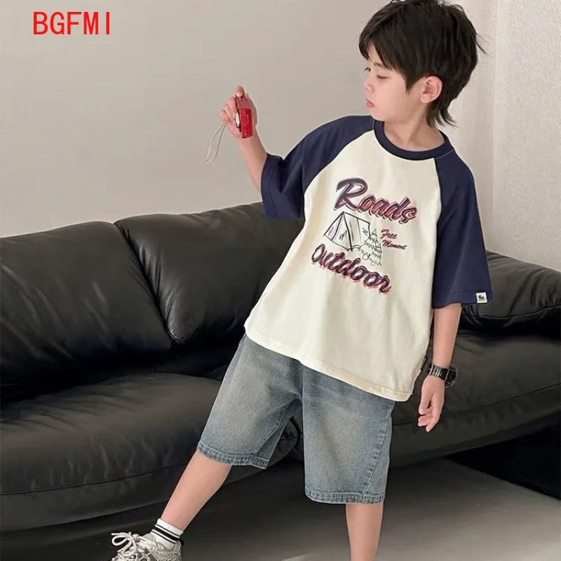 Korean Kids Boy Loose Straight Casual Jeans Shorts Child Blue Denim Shorts 4-14Y Junior Bottoms Summer Clothes for Teen Boys