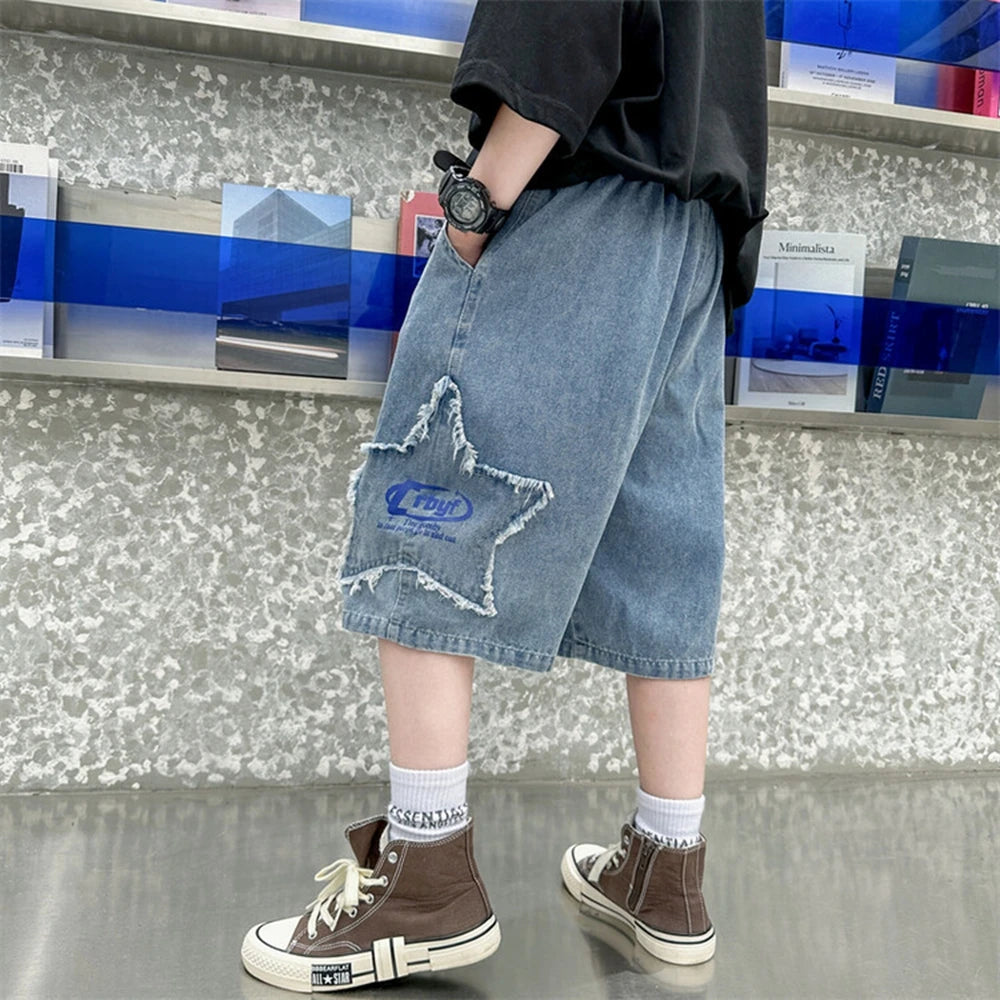 Teen Children's Shorts 2025 Summer New Kids Denim pants thin pants large children loose Boys with five Quarter pants 4-15Years