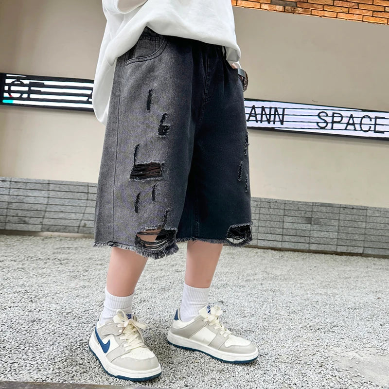 Fashion Design Tween Boy Ripped Denim Shorts with Hole For Teen Child Casual Knee-Length Black Jeans Kids Destroy Broken Shorts