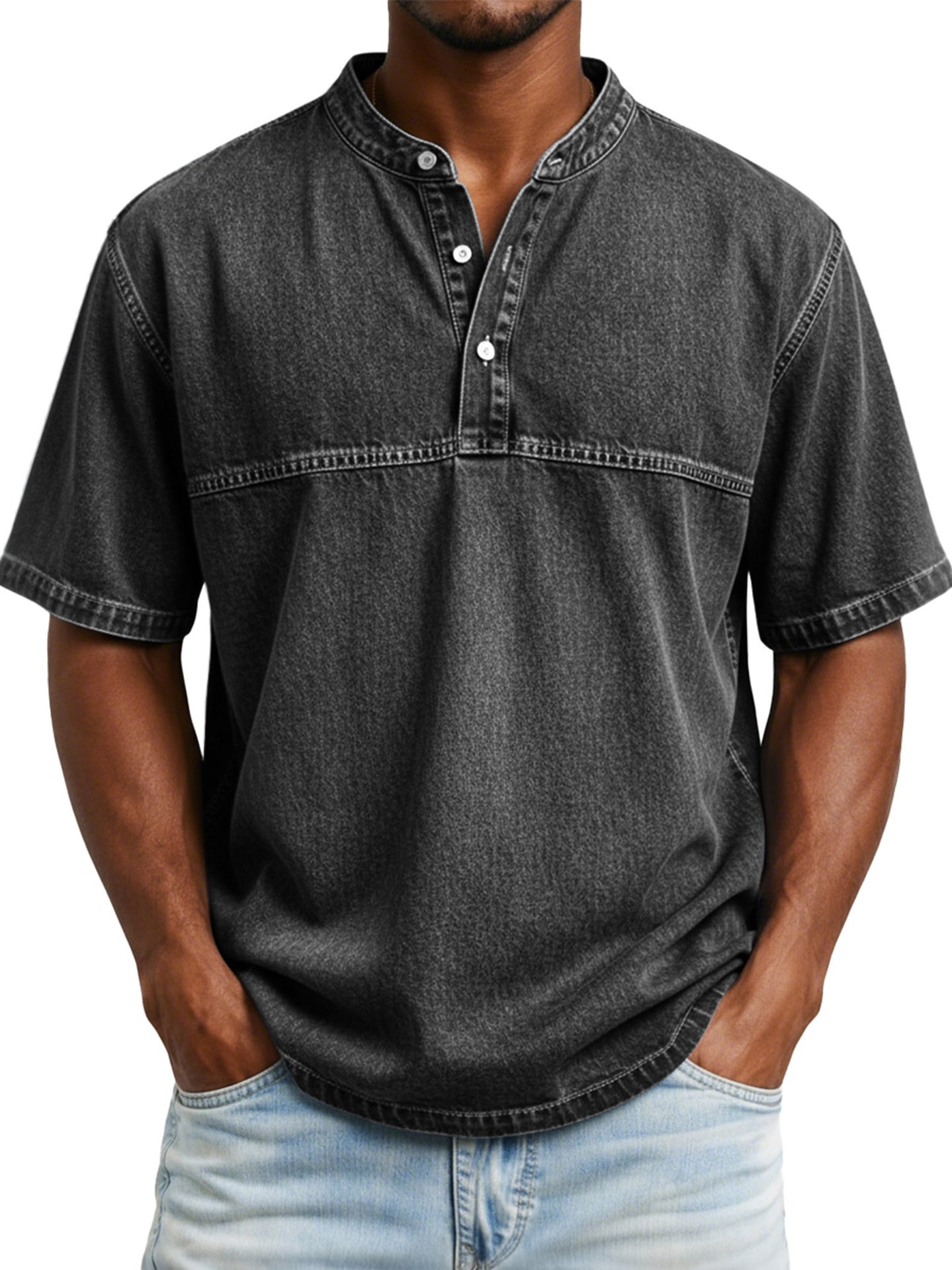 Straight-shoulder Crewneck Three-button Short-sleeve Henley Print Shirt