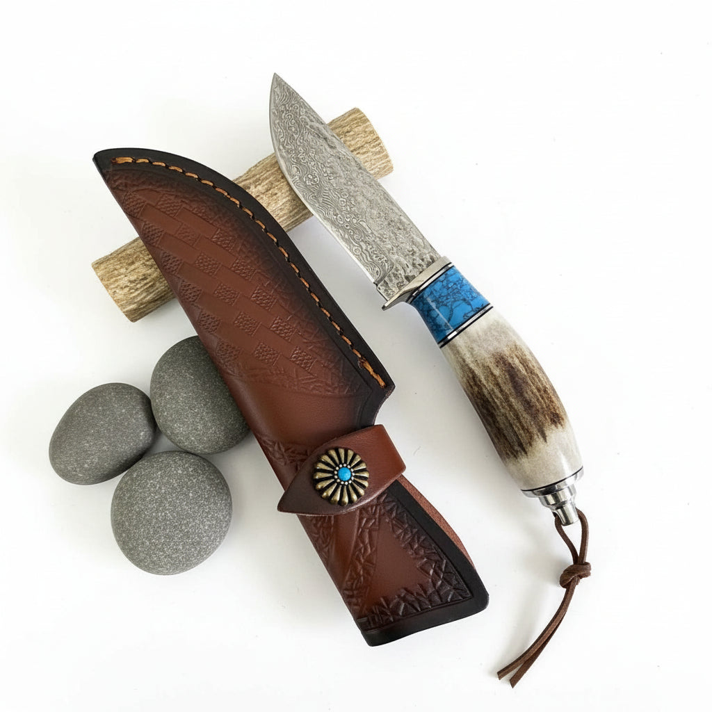 Damascus Steel Straight Knife – Antler & Turquoise Handle Outdoor Knife for Men | Gift Knife