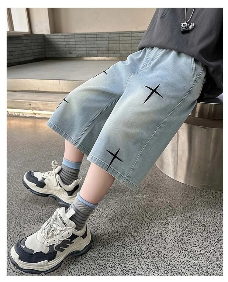 New Summer Teen Boys Shorts Jeans Fashion Letter Print Short Denim Pants For 5-14 Years Kids Children Trousers