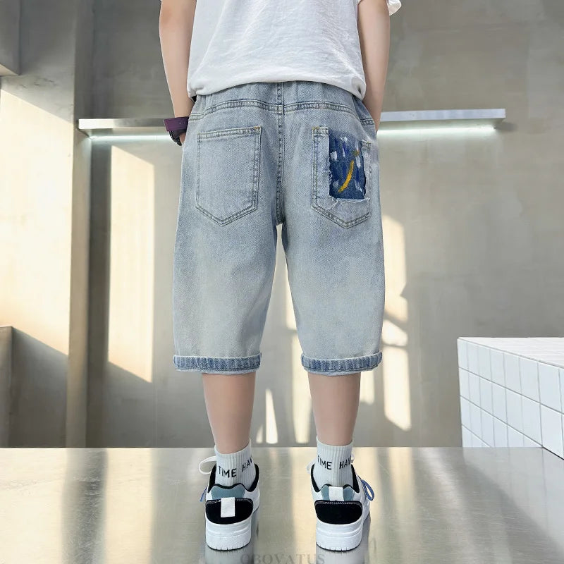 New Summer Kids Denim Shorts with Pockets For Teens Boy Slim Fit Mid-Calf Jeans Pants Teenage Child Causal Ripped Crystal Shorts