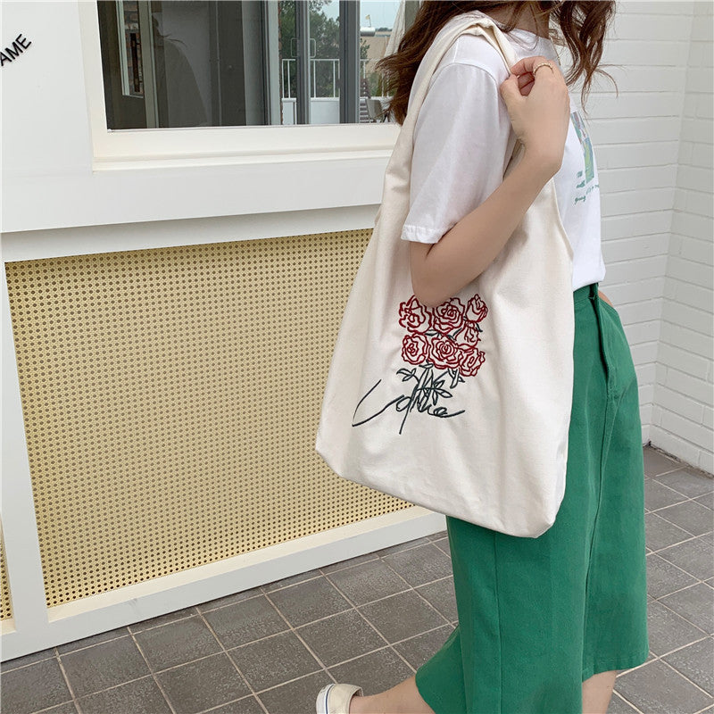 Korean Embroidered Rose Vintage Canvas Bag