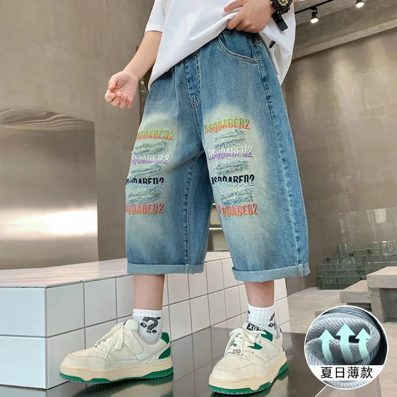 Kids Denim Shorts Teen Boys Casual Knee-Length Jeans Teenage Child Blue Denim With Letter Embroidery Trousers Toddler Ages 4-14Y