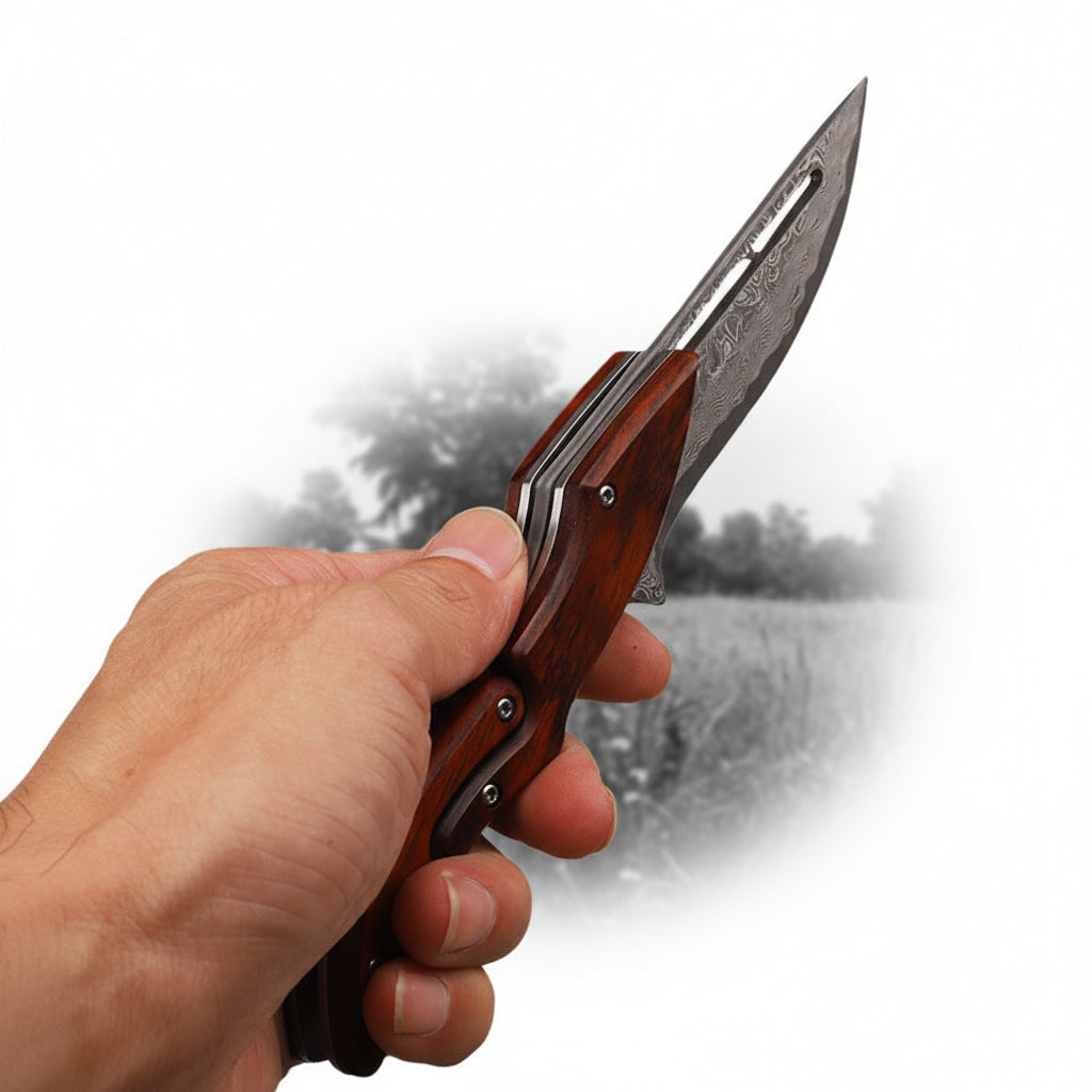 Damascus Steel Folding Knife – High Hardness Self-Defense Pocket Knife for Men | EDC Survival Knife