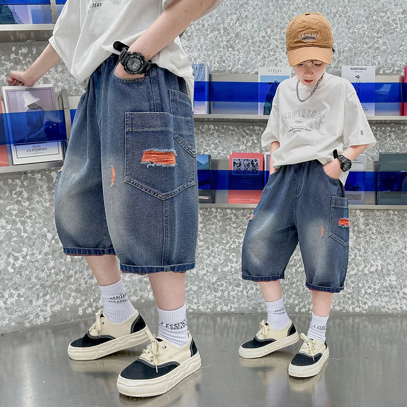 New Summer Teen Boys Shorts Jeans Fashion Ripped Hole Denim Short Pants For 5-14 Years Kids Children Trousers