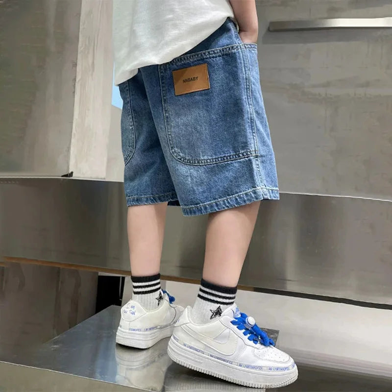 Kids Summer Denim Shorts for Boys 4-14 Years Thin Loose Sports Knee-Length Casual Sweatpants Teenagers Straight Middle Pants