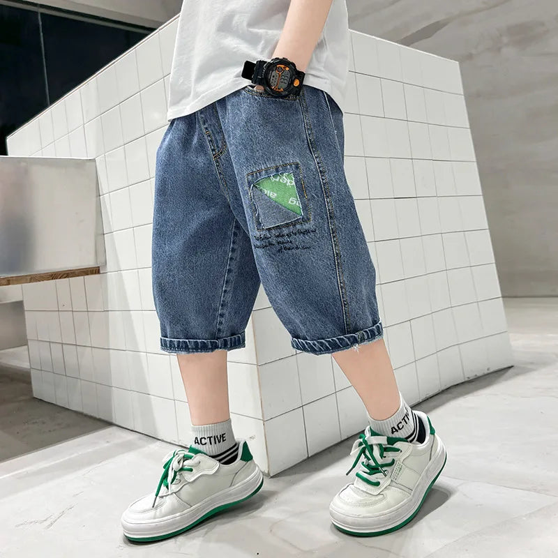 Kids Denim Shorts Teen Boys Casual Knee-Length Jeans Teenage Child Blue Denim With Cartoon Printed Trousers Toddler Ages 4-14Y