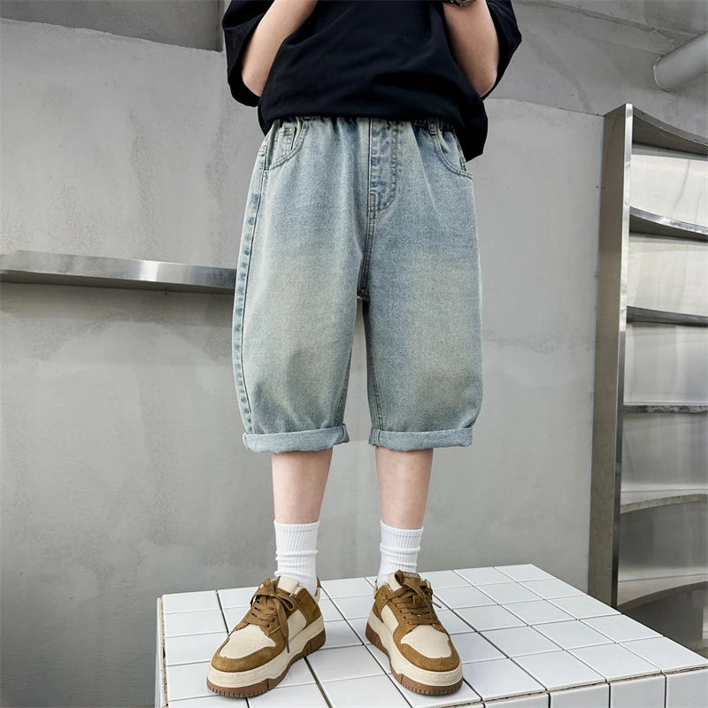 Hot Sale Kids Designer Summer Denim Shorts Pants for Teens Boy Casual Mid-Calf Jeans Solid Color Child Fashion Short Pants 5-14Y