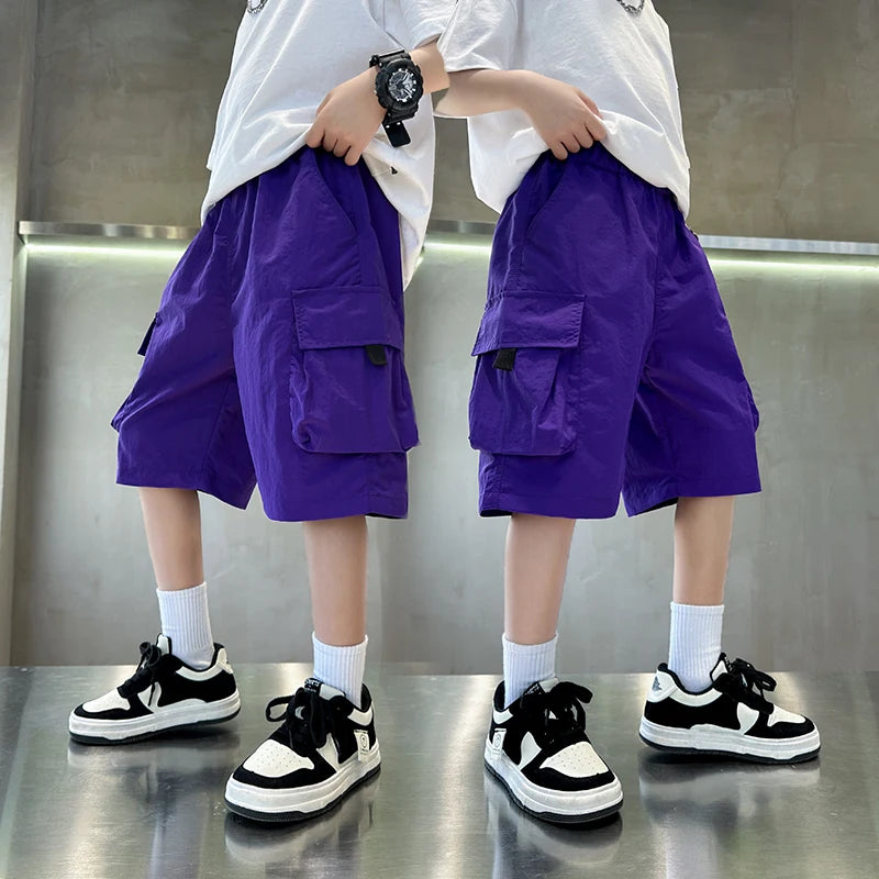 Elegant Kids Black Purple Color Cargo Short with Big Pocket for Teens Boy Casual Short Cargo Pants Tweens Child Summer Bottoms