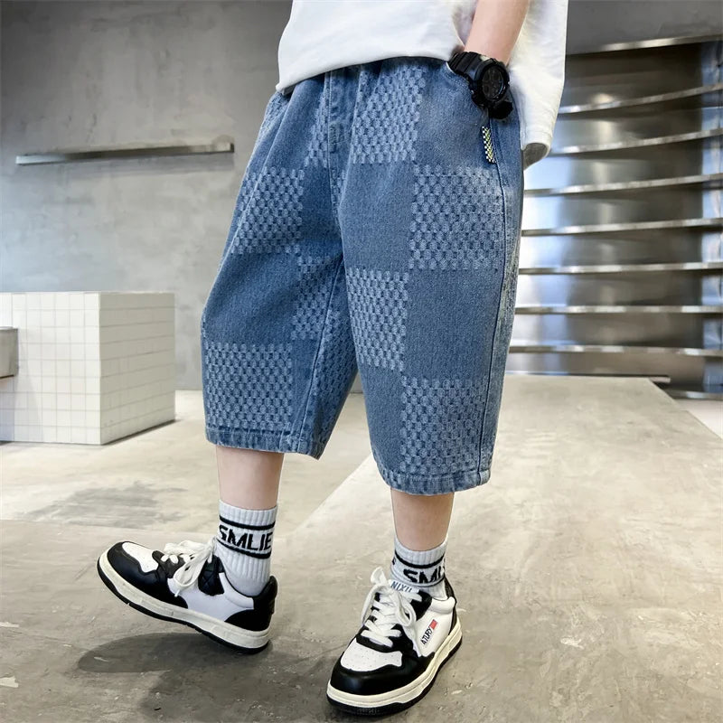 New 2025 Tween Boy Plaid Denim Shorts for Summer Kids Vintage Capris Denim Pants Teens Child Black Blue Color Knee Length Jeans