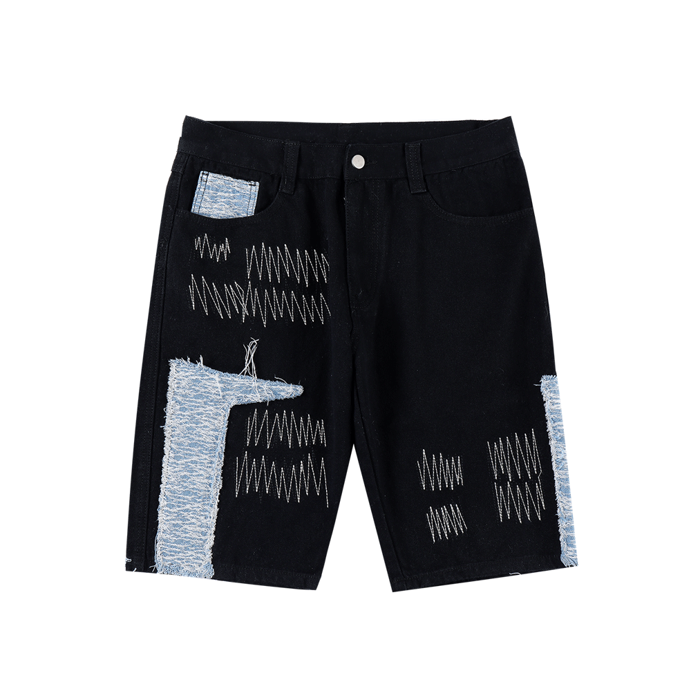 Contrast Panel Embroidered Denim Shorts Men's